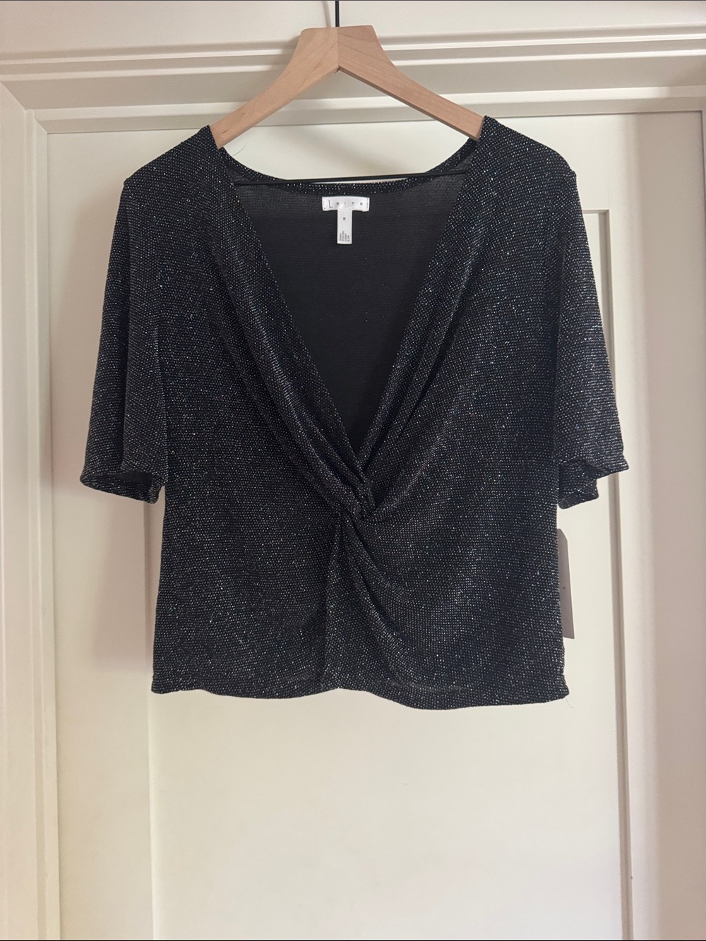 Leith Black Sparkle Twist-Front Crop Top